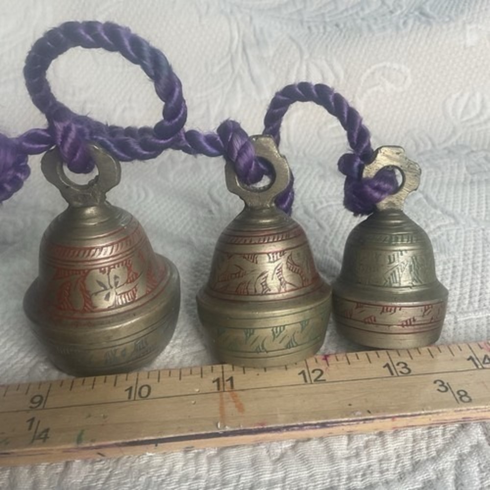 Vintage Brass 3 Bells On A 23" Purple Rope Glass Bell Etched / Ornated